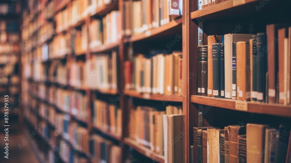 Close-up of a library bookshelf packed with an array of books of various colors and sizes Close-up of a library bookshelf packed with an array of books of various colors and sizes