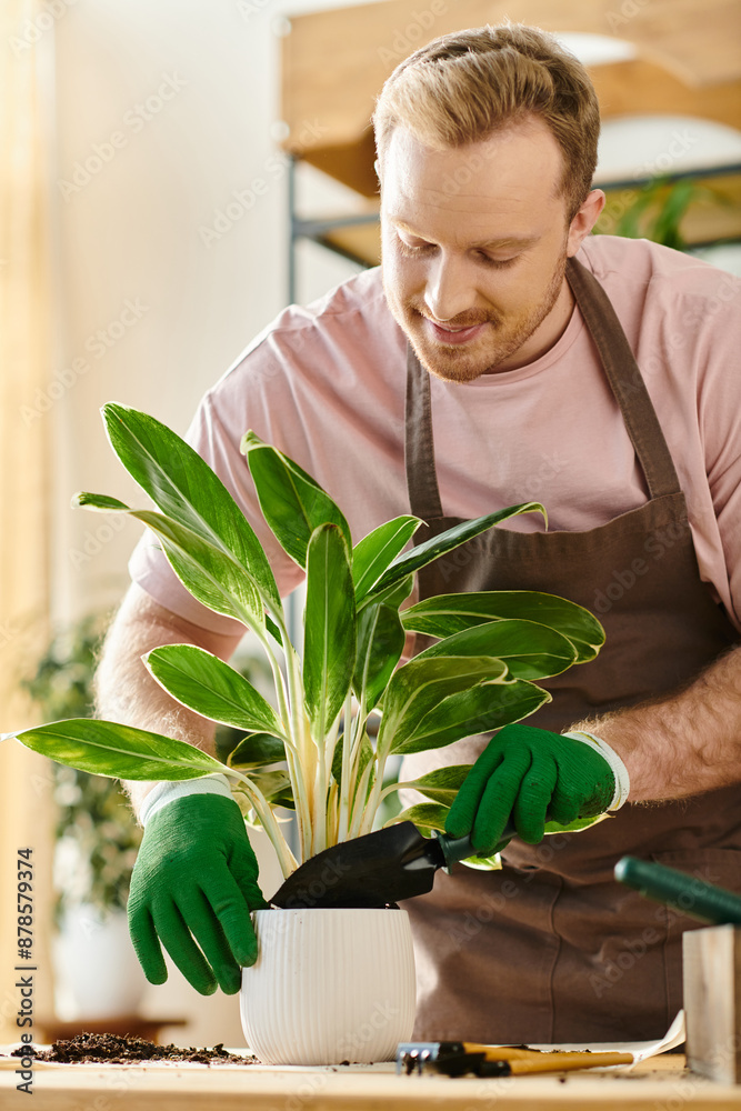 A man in an apron and gloves carefully tends to a potted plant in a small plant shop, embodying the essence of owning a floral business. A man in an apron and gloves carefully tends to a potted plant in a small plant shop, embodying the essence of owning a floral business.