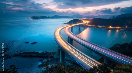 Scenic Coastal Highway Bridge with Light Trails.