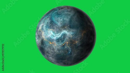 mysterious abstract teal color unknown fantasy planet rotating in green screen