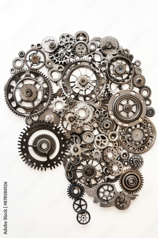 Creative Silhouette of Human Brain with Metallic Gears Symbolizing Engineering and Intelligence Creative Silhouette of Human Brain with Metallic Gears Symbolizing Engineering and Intelligence