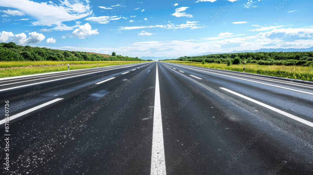 A wide, open highway stretching into the horizon, showcasing the vastness and freedom of the open road. Include multiple lanes and clear road markings. A wide, open highway stretching into the horizon, showcasing the vastness and freedom of the open road. Include multiple lanes and clear road markings.
