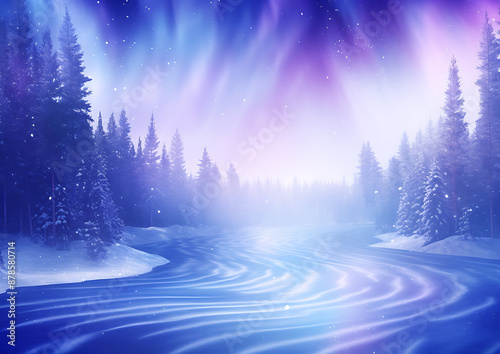 Winter wonderland, frosted trees, flowing river, vibrant aurora.
