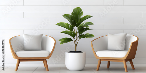 Two white armchairs, plant in the middle. Simple, peaceful scene.