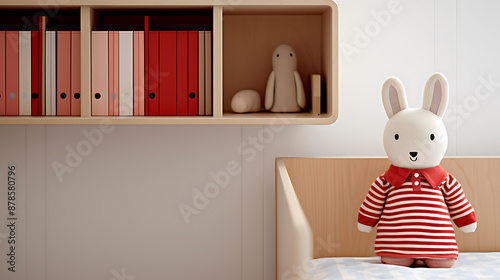 A child's room with a stuffed rabbit, red and white striped shirt, and light wood furniture.
