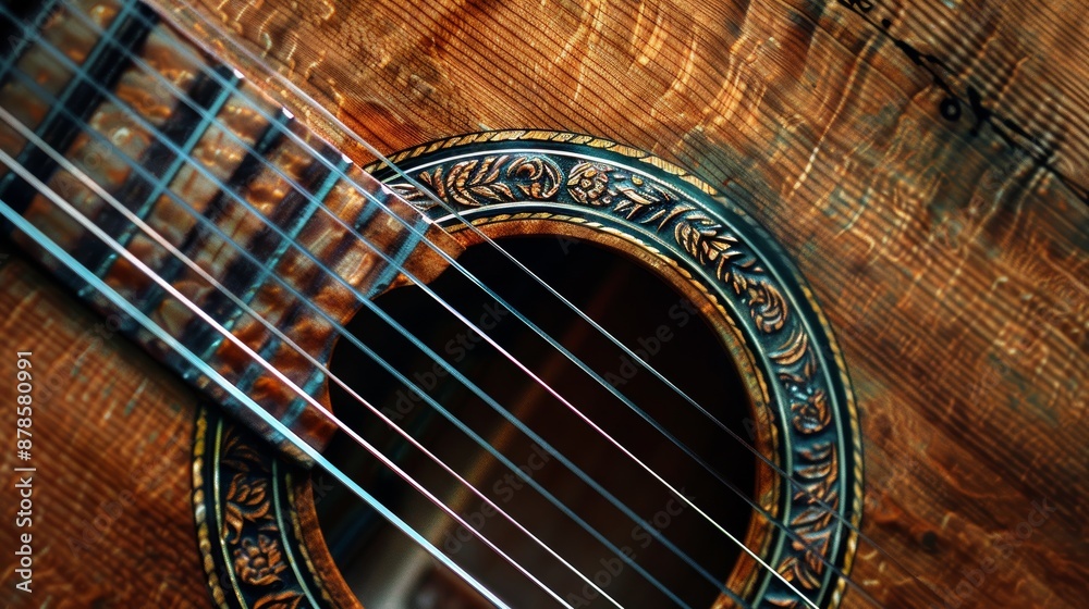 Obraz premium Intricate Guitar Rosette Design Close-Up Highlighting Fine Wooden Craftsmanship