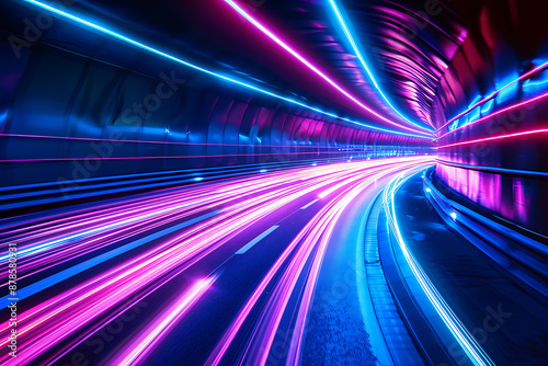 Neon-lit tunnel, vibrant speed, futuristic highway.
