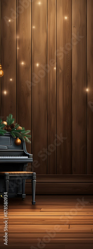 Cozy room with piano and Christmas decorations.