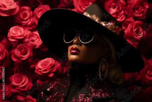Woman in a black hat and sunglasses, surrounded by red roses.
