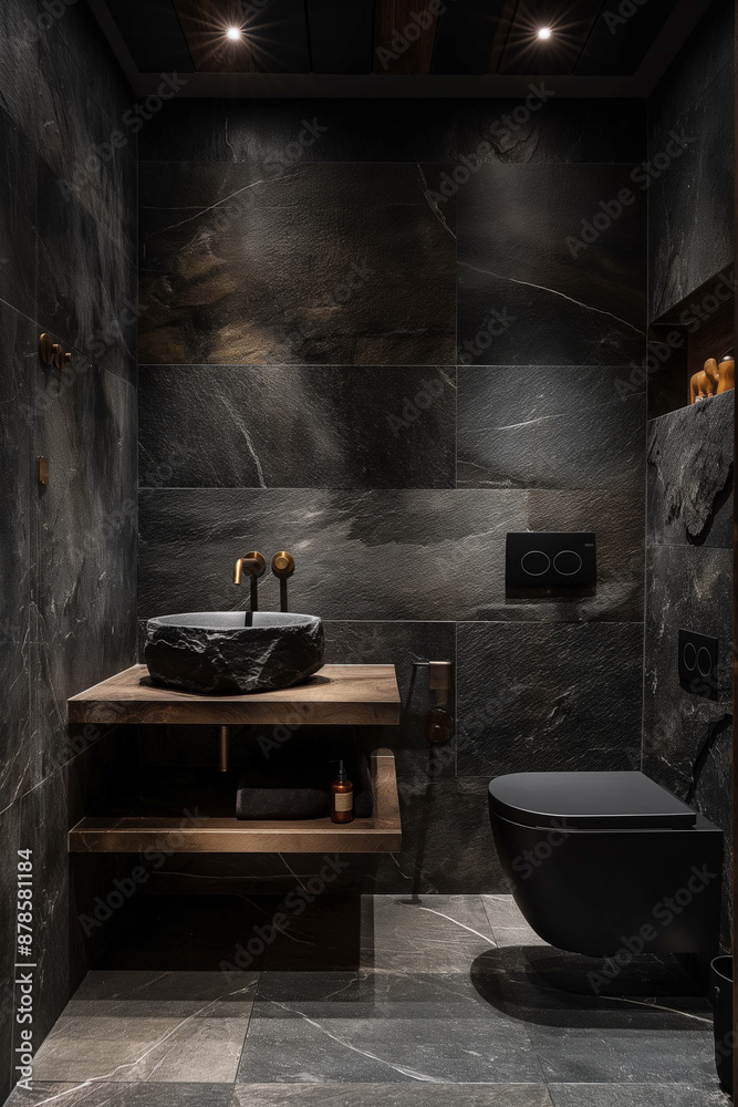 Modern small Bathroom in stylish apartment dark and wooden finishing Modern small Bathroom in stylish apartment dark and wooden finishing