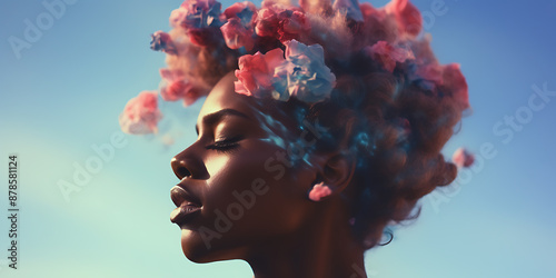 Woman with cloud hair, serene, peaceful, abstract.
