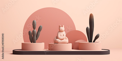 Peaceful scene with cacti and a meditating figure. Soft colors, minimalist style.