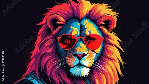 A lion wearing sunglasses and a leather jacket looking stylish, a pop art painting.