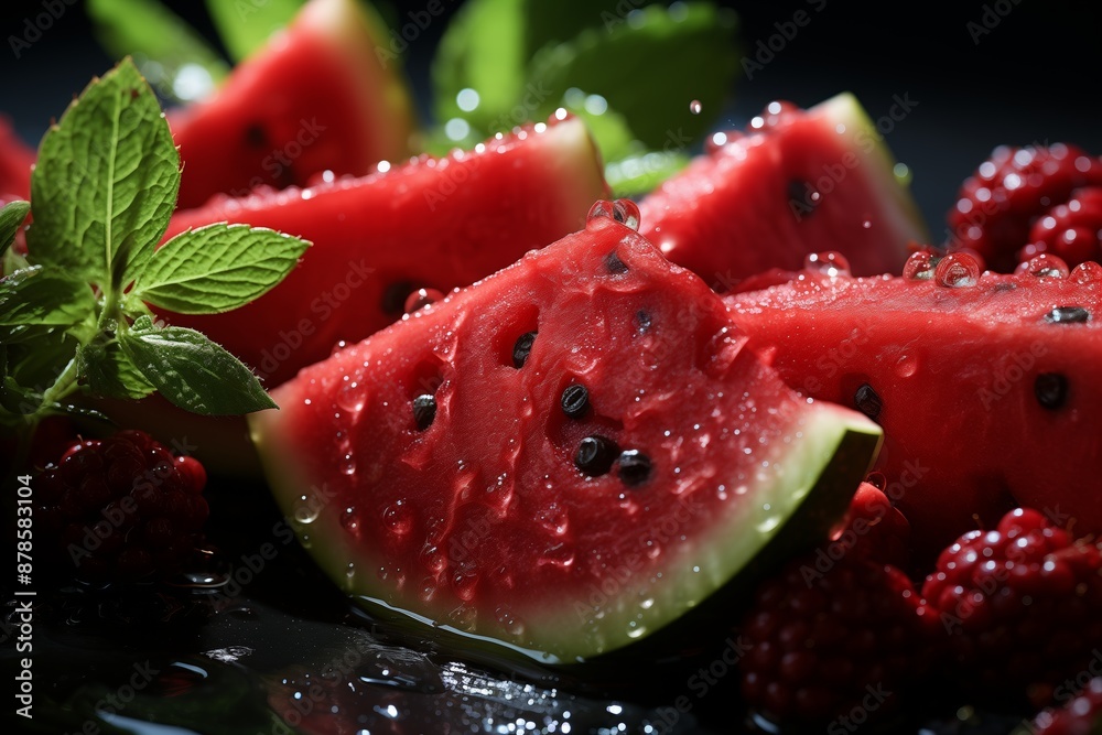 Sliced watermelon with dewdrops and fresh berries arrangement, showing the moist, succulent, and summery fruit. Sliced watermelon with dewdrops and fresh berries arrangement, showing the moist, succulent, and summery fruit.