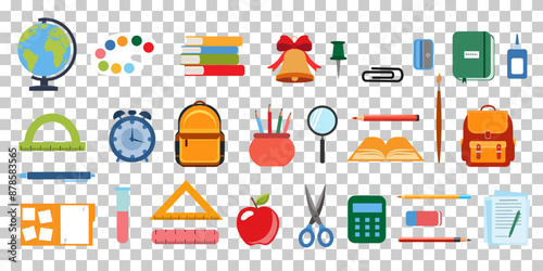 School supplies flat vector icons isolated on transparent background. Back to school concept. Ruler, notebook, watercolor , crayons,backpack,pen, globe,book,pencil,brush,rubber.