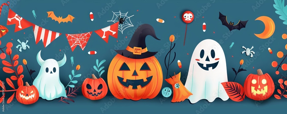 Halloween bunting and flags, festive decorations, flat design illustration green background Halloween bunting and flags, festive decorations, flat design illustration green background