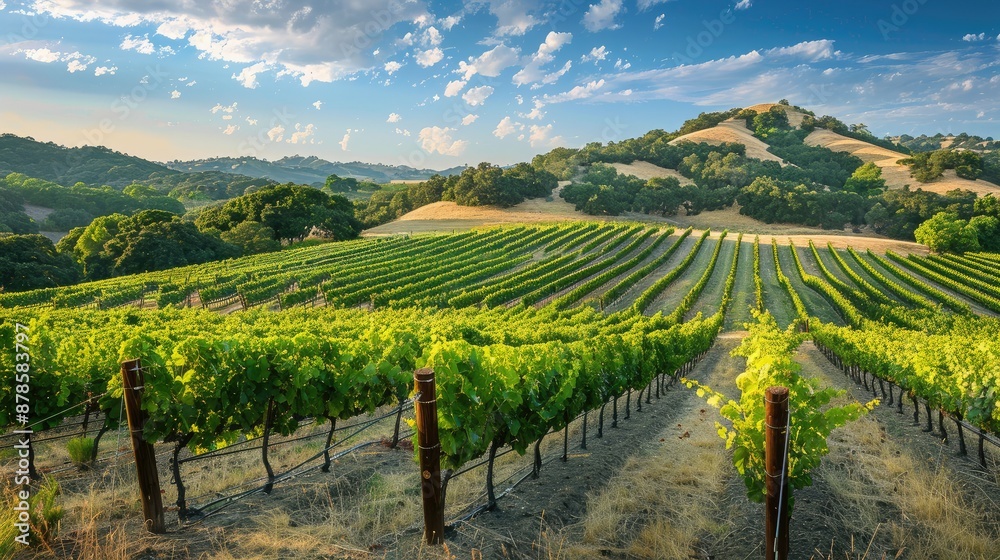 Fototapeta premium A picturesque vineyard on a hillside with rows of grapevines