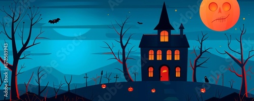 Haunted house, eerie Halloween decor, flat design illustration.
