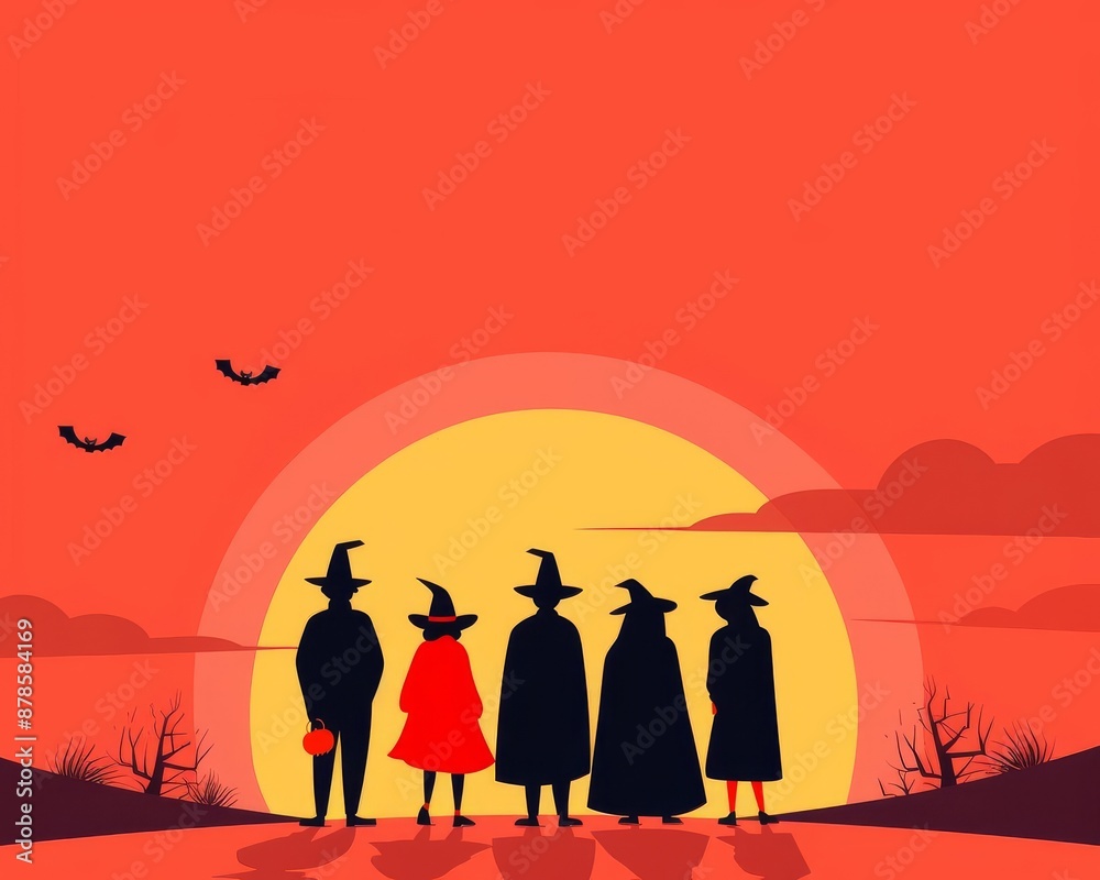Fototapeta premium Shadowy of five figures, Halloween mystery, flat design illustration. 