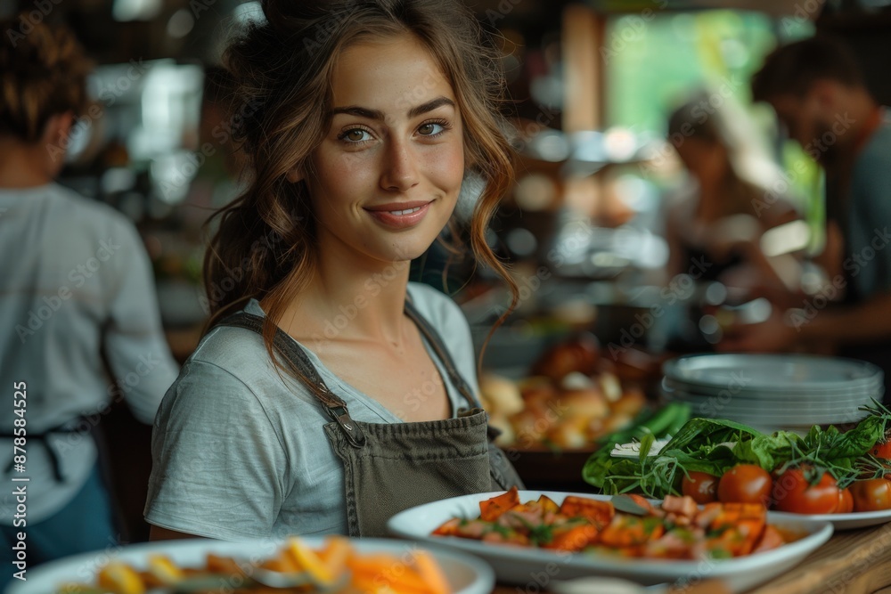 A young woman smiles as she serves fresh food in a bustling kitchen environment, capturing the essence of hospitality and culinary arts amidst a lively atmosphere. A young woman smiles as she serves fresh food in a bustling kitchen environment, capturing the essence of hospitality and culinary arts amidst a lively atmosphere.