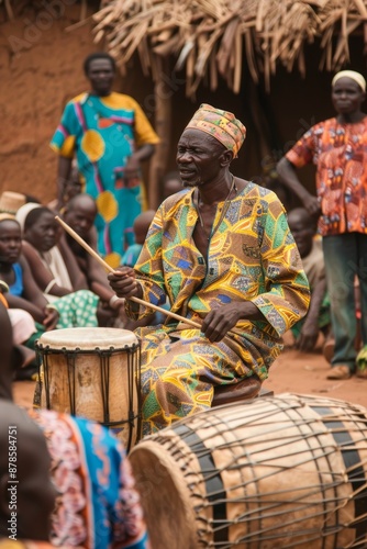 Traditional African Drum Performance in Village Square Celebrating Community and Culture photo