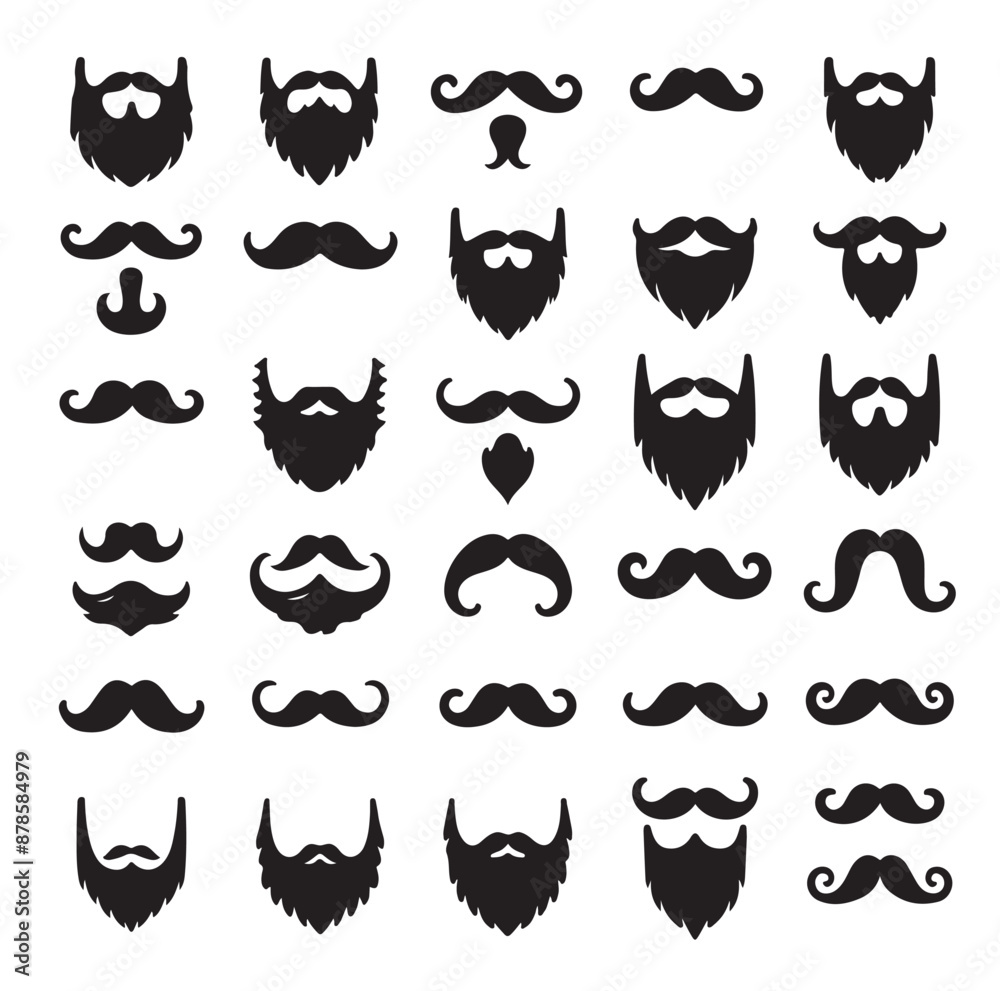 Naklejka premium Mustaches and beard style set vector silhouettes illustration
