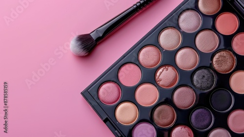 Eye makeup set with eyeshadow palette and application brush on pink background