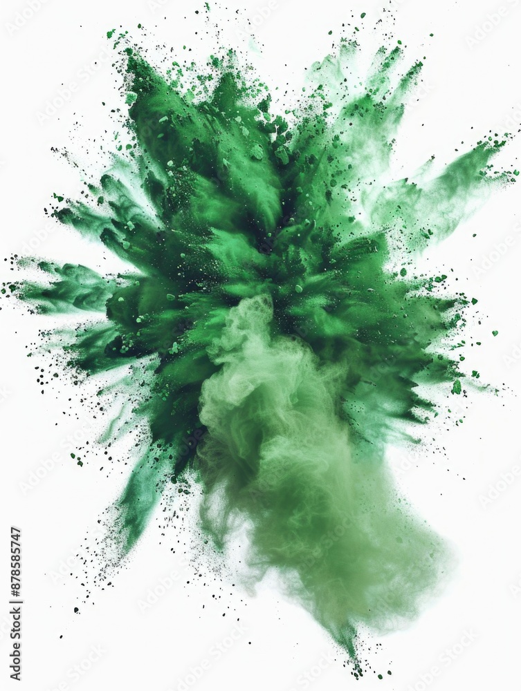 A vivid image of a green powder explosion on a white background