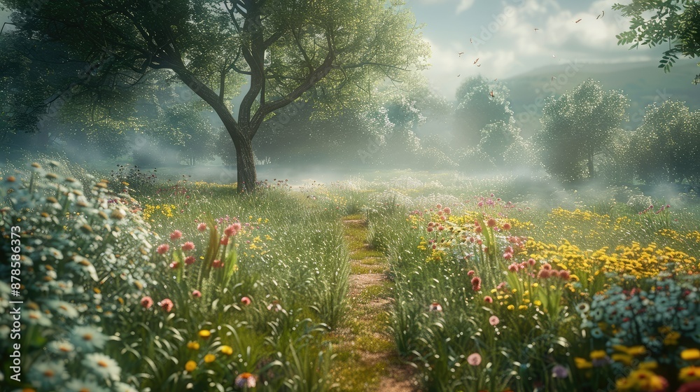 A quiet pathway through a meadow filled with wildflowers A quiet pathway through a meadow filled with wildflowers