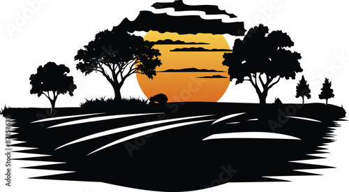 Summer vibe T-shirt design. palm trees and a sunset with a mountain in the background.