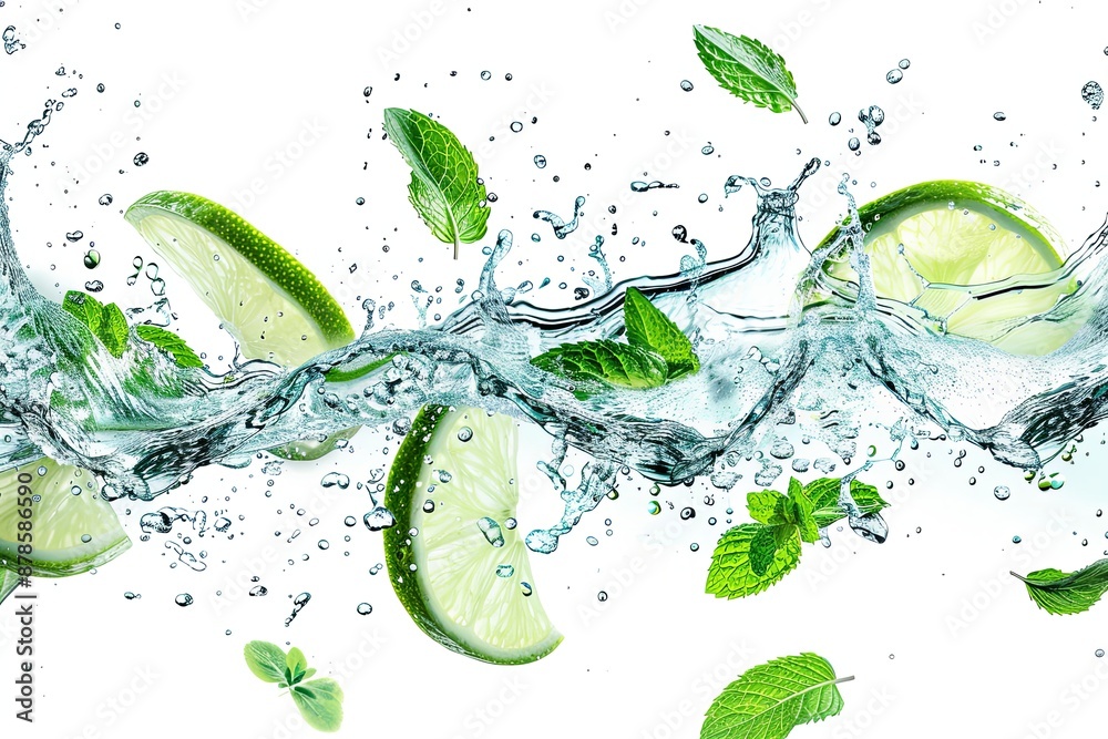 Fresh Lime and Mint Splashing in Water. Fresh Lime and Mint Splashing in Water.
