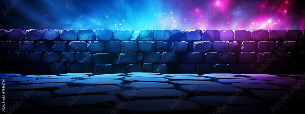 Obraz premium A brick wall and cobblestone street illuminated by blue and purple neon lights, perfect for a futuristic or fantasy backdrop. 