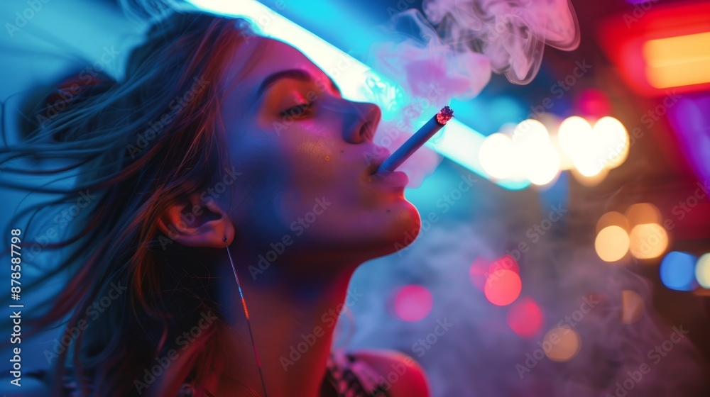 Fototapeta premium Youthful Nightclub Scene with Young Woman Exhaling Cigarette Smoke in Colorful, Vibrant Atmosphere