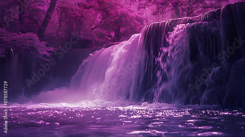 Mystical waterfall cascading in vibrant purple hues.
