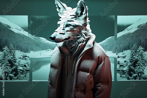 Wolf-headed figure in a puffer jacket, winter landscape backdrop.
