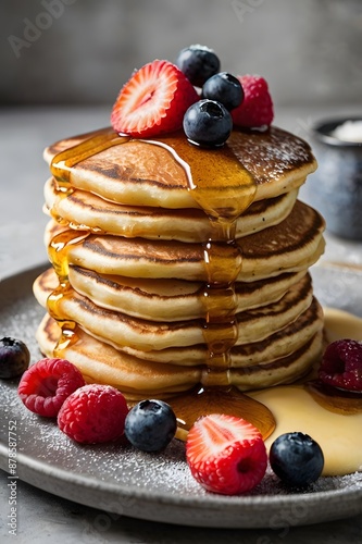 Stack of fluffy pancakes with maple syrup. photo