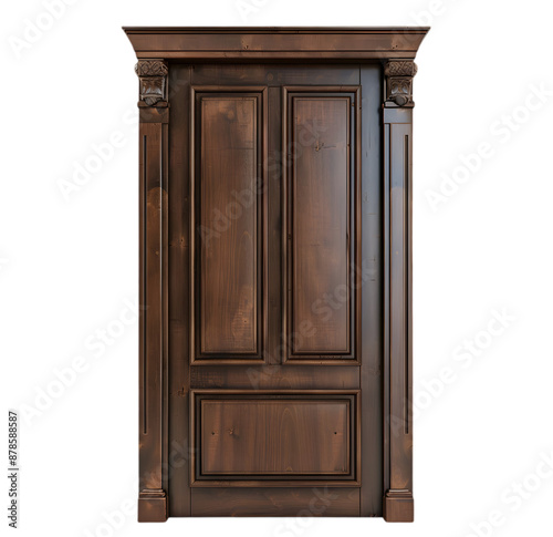 Brown wooden door isolated on Transparent background. 