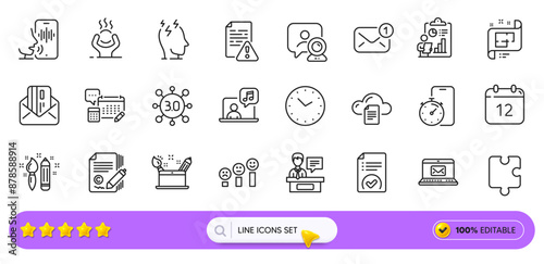 Puzzle, Stress and Credit card line icons for web app. Pack of Instruction manual, New message, Web3 pictogram icons. Architectural plan, Video conference, Timer app signs. Copywriting. Vector