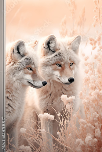 Two pale wolves, close, in a frosted field.
