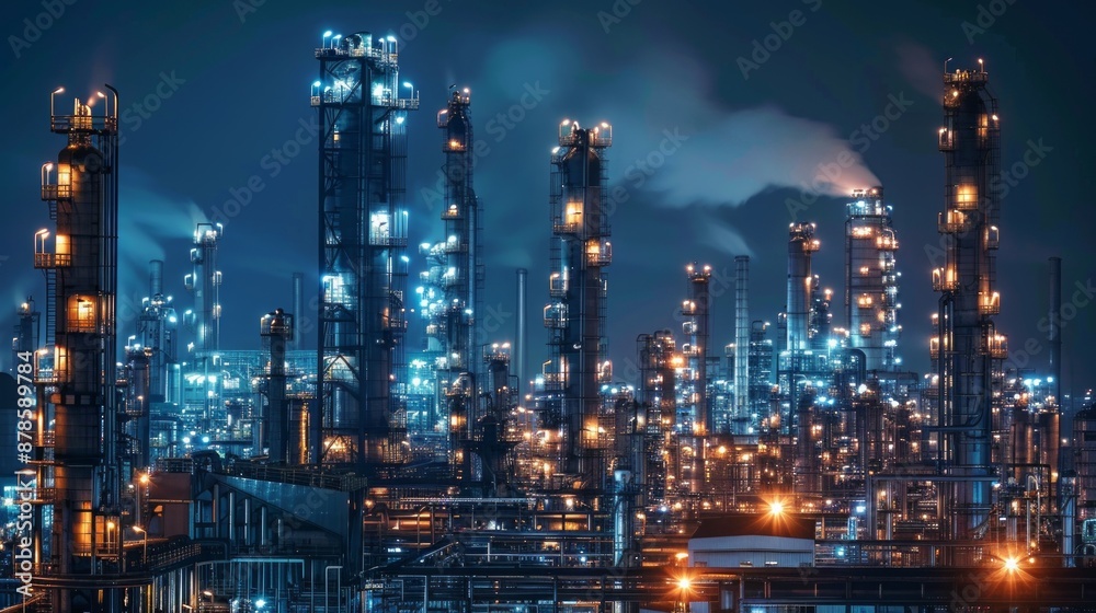 Nighttime View of a Refinery with Glowing Lights Nighttime View of a Refinery with Glowing Lights