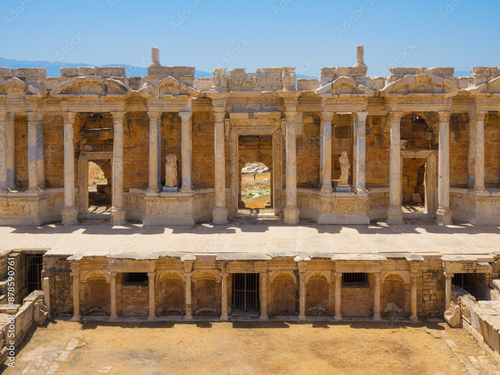 Hierapolis, Pammukale, Turkey. Ancient amphitheater. Panoramic landscape in the daytime. Historic Site. A vacation and tourism destination.