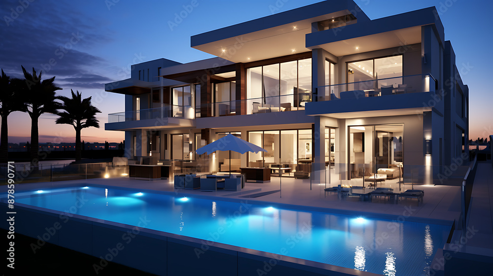 Fototapeta premium Modern luxury home with pool and patio at twilight. 
