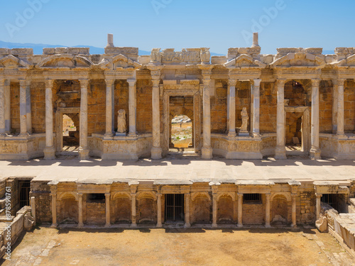 Hierapolis, Pammukale, Turkey. Ancient amphitheater. Panoramic landscape in the daytime. Historic Site. A vacation and tourism destination. photo