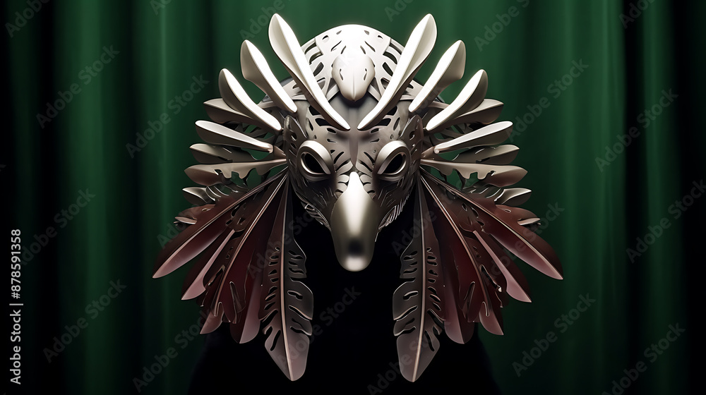 Fototapeta premium Ornate, silver mask with feathered details, dark background. 