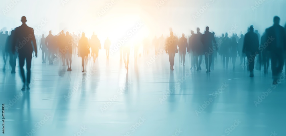 Silhouettes of people walking towards a bright light, creating a sense of movement and mystery in a misty, blue-toned atmosphere. Silhouettes of people walking towards a bright light, creating a sense of movement and mystery in a misty, blue-toned atmosphere.
