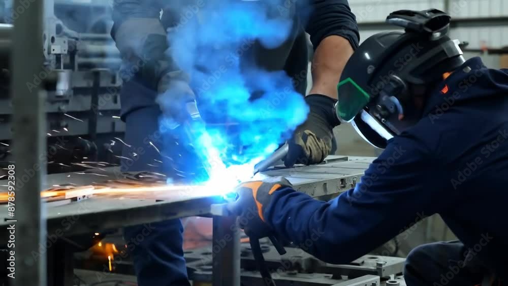 Industrial welder working with metal in workshop Industrial welder working with metal in workshop