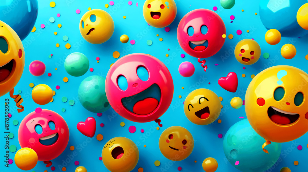 Colorful 3D emoticons floating with small spheres on a vibrant blue background Colorful 3D emoticons floating with small spheres on a vibrant blue background