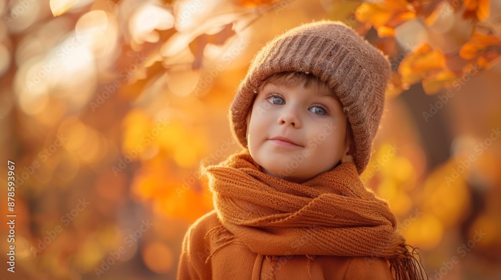Funny happy cute child enjoying autumn weather in seasonal outerwear, walking park, golden season orange yellow leaves blurred background Funny happy cute child enjoying autumn weather in seasonal outerwear, walking park, golden season orange yellow leaves blurred background