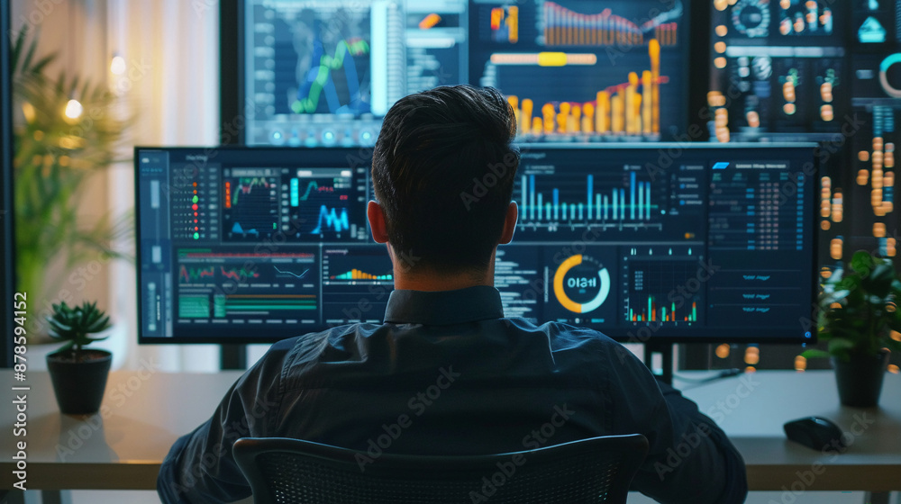A data analyst working with complex graphs and charts on a dual monitor setup. A data analyst working with complex graphs and charts on a dual monitor setup.