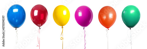 Collection set photo of six colorful different air balloons in a row isolated on transparent background, birthday party invitation or festive event decor